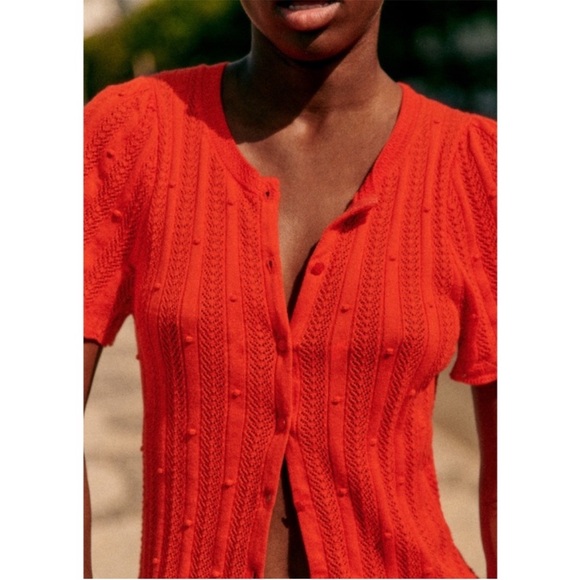 Sezane Women’s Davie Cardigan Top Red Size Large Organic Cotton Cottagecore Fem - Picture 2 of 10